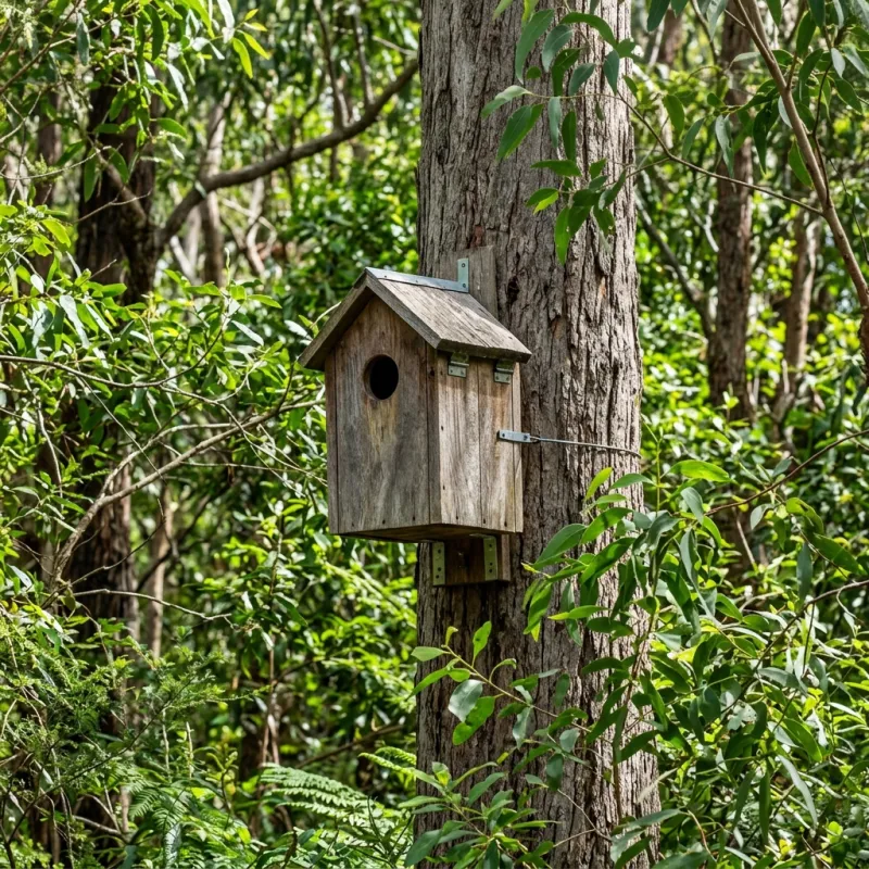 Animal nesting box installed as a humane alternative to a Montmorency roof cavity