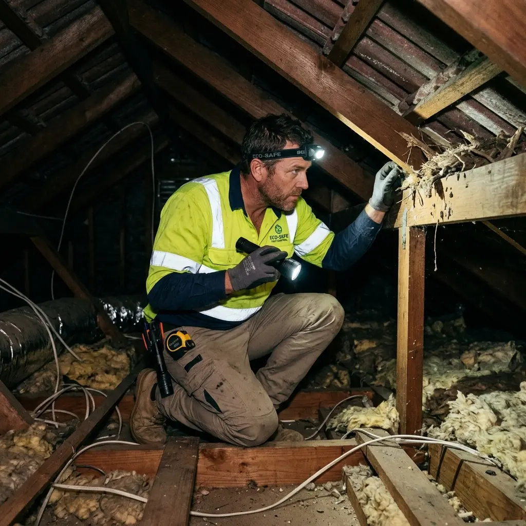 Technician inspecting a roof cavity for a dead animal in Montmorency