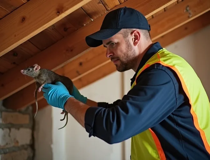 Technician inspecting a roof cavity for a dead rat in Montmorency